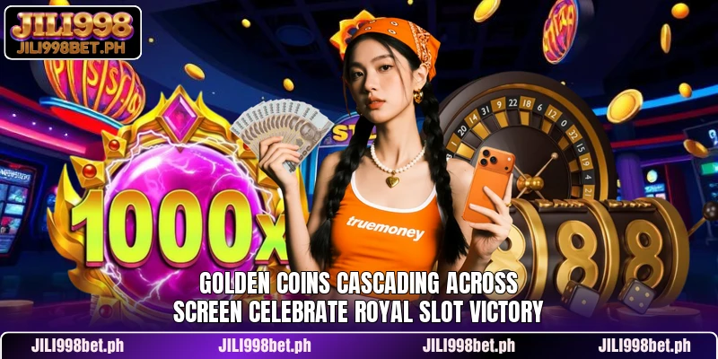 Golden coins cascading across screen celebrate royal slot victory