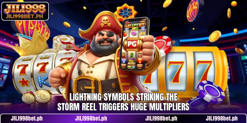 Lightning symbols striking the storm reel triggers huge multipliers