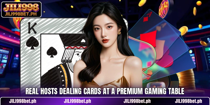 Real hosts dealing cards at a premium gaming table