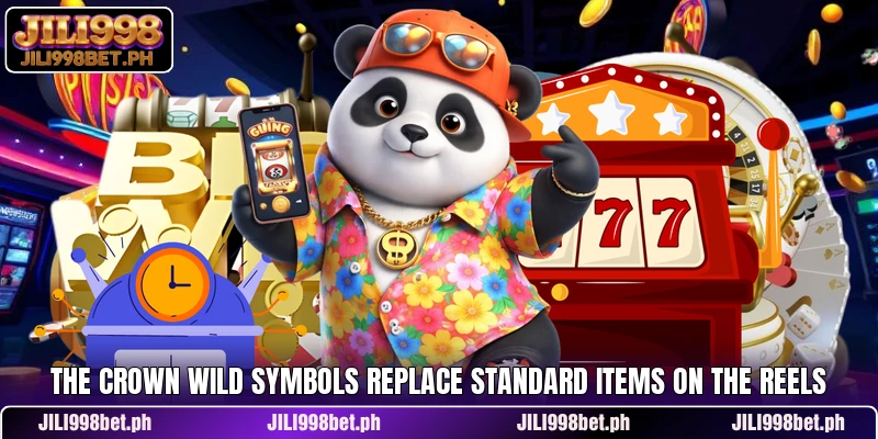 The crown wild symbols replace standard items on the reels