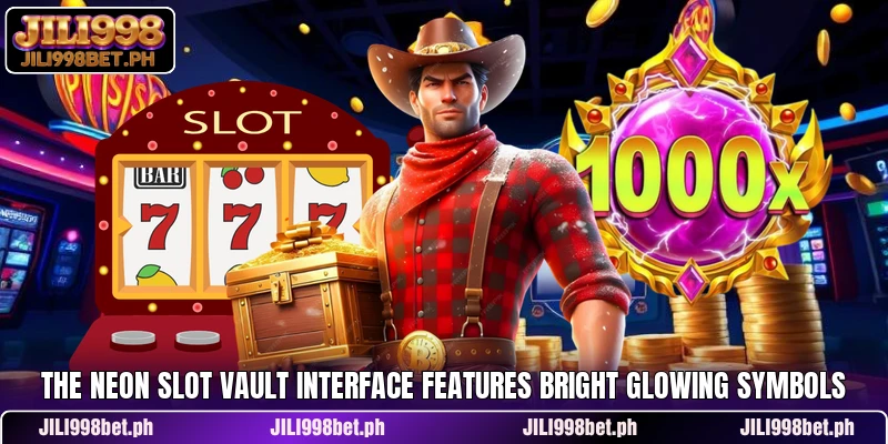 The Neon Slot Vault interface features bright glowing symbols