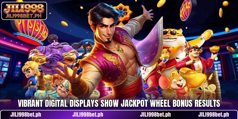 Vibrant digital displays show jackpot wheel bonus results